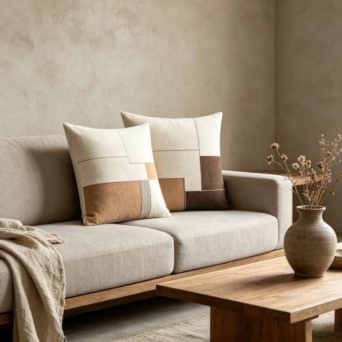 Neutral Geometric Color Block Throw Pillow Covers 18x18 Inch Set of 2