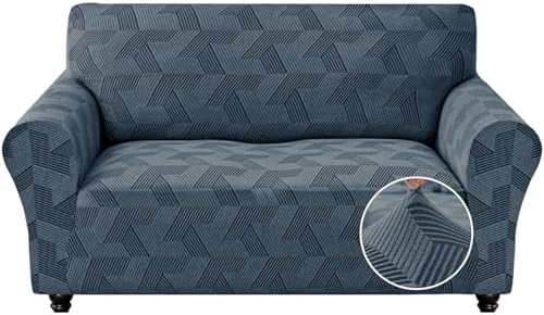 JIVINER 1 Piece Couch Cover for 2 Cushion Couch, High Stretch Loveseat Covers with Elastic Bottom, Washable Sofa Slipcovers for Dog, Pets Feature Geometrical Jacquard Fabric (Loveseat, Dark Grey)