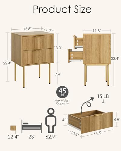 Aienvey Nightstand with 2 Drawers, Oak Stripe Night Stand and Gold Frame