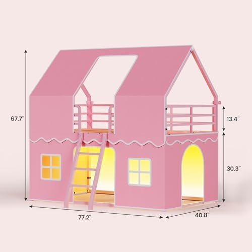 Girls Bunk Bed Twin Over Twin, House Loft Bed with LED Lights
