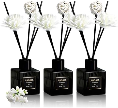 Reed Diffuser Set of 3, Jasmine Scented Oil Diffuser with 15 Sticks,(50ml) x 3 Aromatherapy Oil Reed Diffuser for Home Bedroom Bathroom Air Freshener