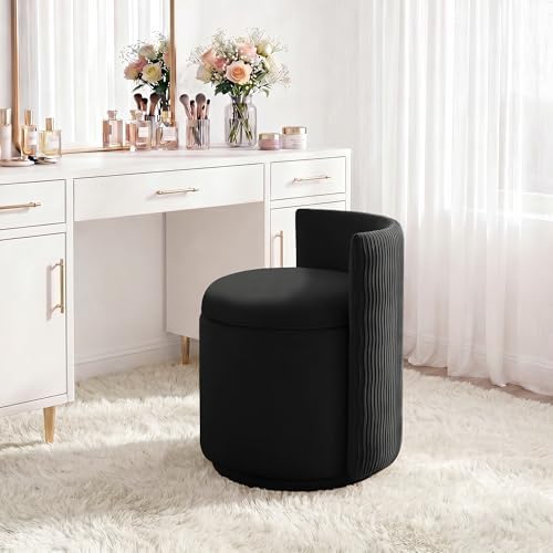 HUBSON Vanity Chair with Storage, Swivel Velvet Chairs with Back, Modern Round Accent Makeup Chair, No Assembly Vanity Stool for Living Room, Bedroom, Dressing, Black