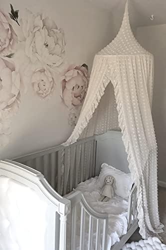 Wonder Space Elegant Kids Bed Canopy - Lace Chiffon Netting with Pom Pom, Princess Girls Fairy Dream Tent, Nursery Room Baby Crib Hanging Curtain Mosquito Net Children Reading Nook Decoration (White)