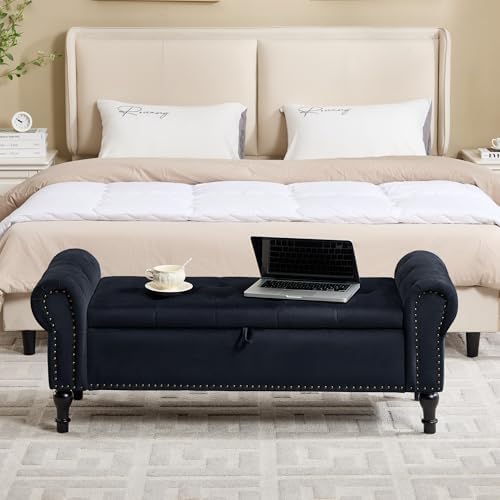 Storage Bench for Bedroom, 51" Upholstered End of Bed Bench, Velvet Queen Size Benches with Rolled Arms, Tufted Button Storage Long Ottoman, Living Room, Entryway, Black