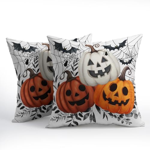 Halloween Pumpkin Throw Pillow Covers 22x22 Inch Pumpkins Jack-O-Lanterns with Black Bat Web Decorative Holiday Pillow Case Cotton Linen Fall Farmhouse Cushion Cover for Home Sofa Couch
