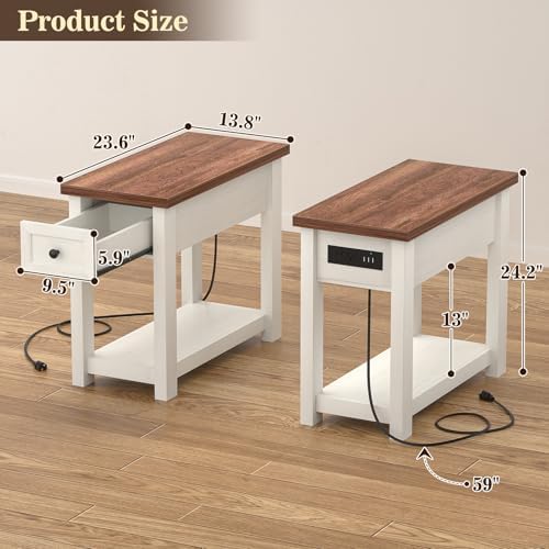 Farmhouse Narrow End Table with Charging Station for Couch, 13.8" Wide