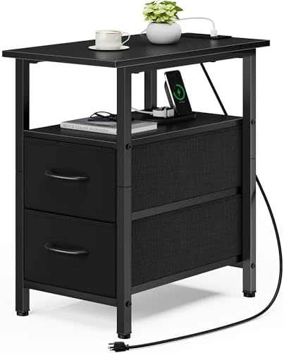 Vagusicc Black End Table with Charging Station, Narrow Side Table, 23.8'' Tall Nightstand with 2 Fabric Drawers, Small Sofa Side Table Narrow Nightstand for Small Spaces, Living Room, Bedroom, Black