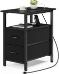 Vagusicc Black End Table with Charging Station, Narrow Side Table, 23.8'' Tall Nightstand with 2 Fabric Drawers, Small Sofa Side Table Narrow Nightstand for Small Spaces, Living Room, Bedroom, Black