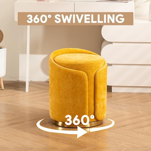 Swivel Vanity Stool with Gold Base Comfy Vanity Chair Modern Round Stool for Makeup Vanity Ottoman Foot Rest for Bedroom livingroom (Yellow)