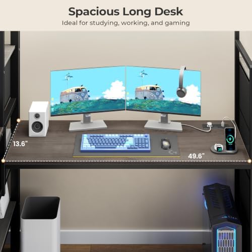 Full Size Loft Bed with Desk, Storage Stairs, LED Lights, Grey