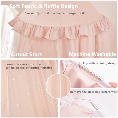 Princess Bed Canopy for Girls, Double Layer Canopy Fits Twin/Full Bed - Fairy Bed Tent for Kids Room Decor(with Cutout Stars,Pink)