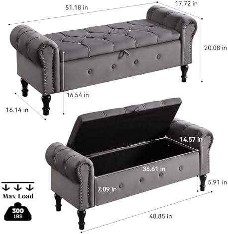 Storage Bench 51" Velvet End of Bed Benches Dark Grey