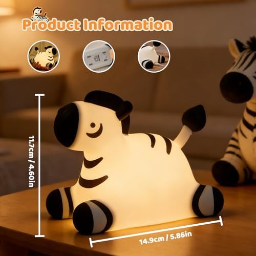 Zebra Silicone Night Light, Kawaii LED Cute Bedside Night Lights Dimmable Touch Control USB Rechargeable Squishy Lamp with Timer for Bedroom Animal Decor Adults Birthday Gifts Party Travel