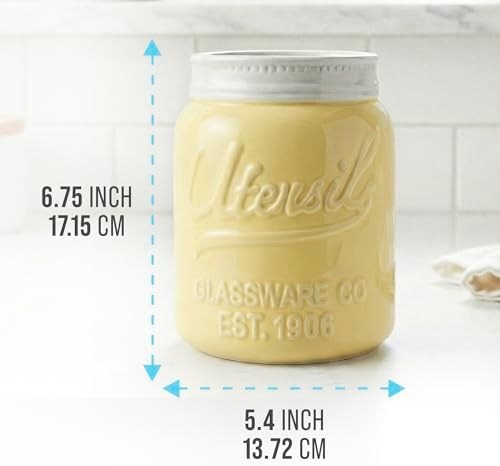 Comfify Yellow Mason Jar Utensil Holder – Wide Mouth Ceramic – Farmhouse