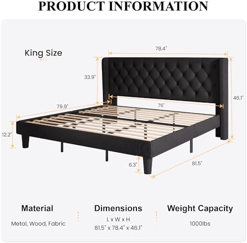 SHA CERLIN King Upholstered Bed Frame, Button Tufted Design, Black
