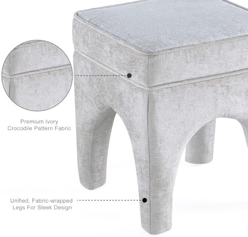 Get Set Style Upholstered Textured Woven Accent Stool, Arched Solid Wood Leg Ottoman Foot Rest, Square Decorative Bench for Living Room Entryway Bedroom (Ivory)