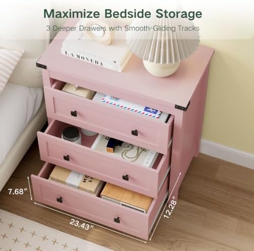 Farmhouse Nightstand with 3 Drawers, Wood Bedside Table, Pink