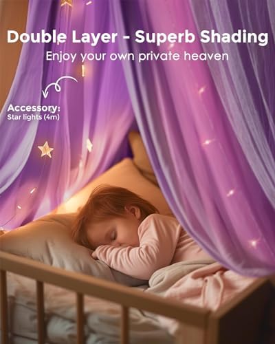 little dove Bed Canopy for Girls with Star Lights, 25.6''x 106'', Purple