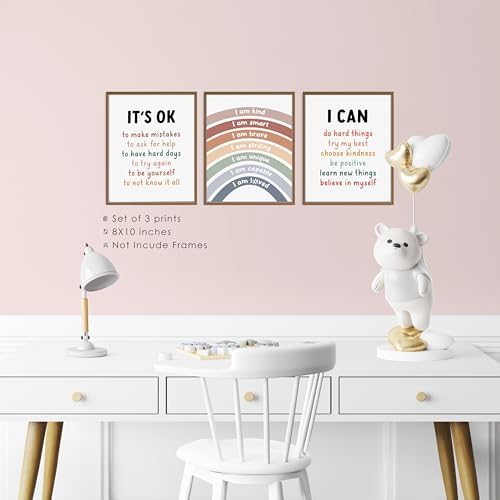 BESERH Boho Kids Positive Affirmation Rainbow Wall Decor, Mental Health Inspirational Wall Art Prints, Motivational Posters for Kids Room Nursery Playroom Classroom, 8x10 Inches Set of 3 Unframed