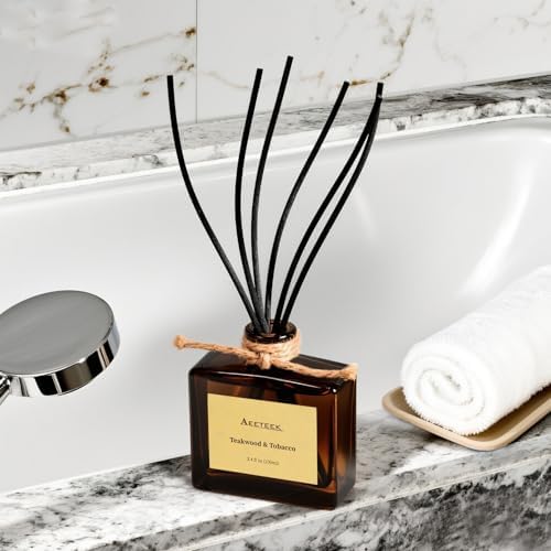 Reed Diffuser, Teakwood & Tobacco Essential Oil Diffuser with Dried Flowers, 3.4 oz Musk Scented Oil, Handmade Home Decor Air Freshener, Long-Lasting Room Scent for Office, Bathroom