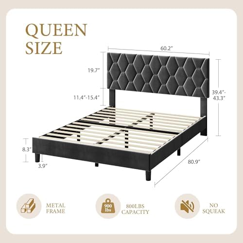 Queen Bed Frame with Adjustable Headboard, Upholstered Bed Frame, Grey