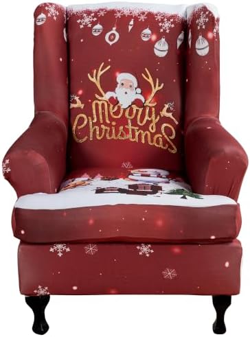 HAOYONG Christmas Stretch Wingback Chair Cover 2 Pieces Wing Chair Slipcover Printed Wingback Armhair Slipcover Wingback Washable Sofa Covers Christmas Decoration Furniture Protector for Armchair
