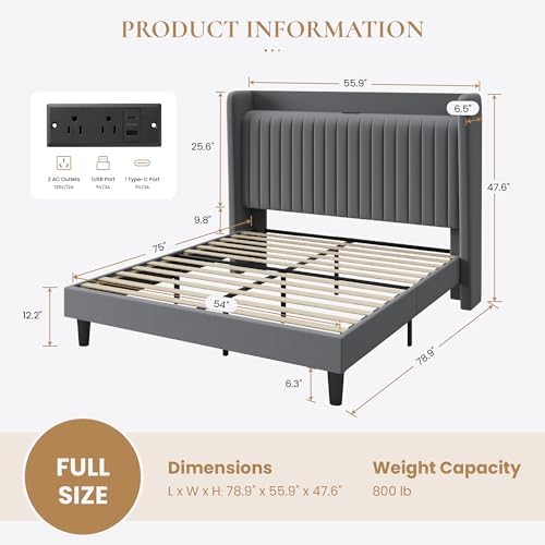 SHA CERLIN Full Size Velvet Bed Frame with Shelf, Charging Station, Grey
