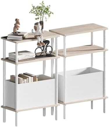 Narrow Side Table with Fabric Basket, Set of 2 End Table for Small Spaces, Slim Nightstand with 3-Tier Storage Shelf, Sofa Beside Table, for Living Room, Bed Room, Natrual Oak