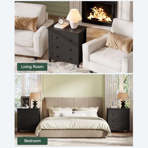 Farmhouse Nightstands Set of 2, Bedside Table with Drawers, Black