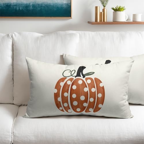 Fall Pumpkin Throw Pillow Cover 20X12 Inch Set of 2 Autumn Orange Pumpkin Outdoor Pillow Cases Polka Dot Beige Thanksgiving Farmhouse Lumbar Cushion Covers for Sofa Couch Porch Patio Home Decor