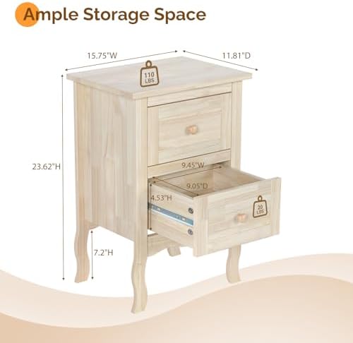 VINGLI Unfinished Solid Wood Nightstand for Color DIY, Small Nightstand for Bedroom, Natural Wood Night Stand with Drawers, Light Wood Night Stand, Real Wooden Bed Side Table/End Table