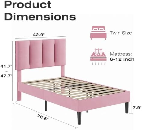 VECELO Twin Size Bed Frame with Upholstered Headboard, Velvet & Pink