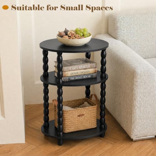 3-Tier Oval Side Table, Small End Table with Solid Wood Spindle Legs Black