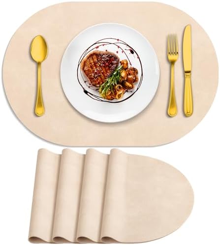 ADRIMER Oval Placemats Set of 4, Wipeable Faux Leather, Beige