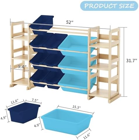 EXPERLAM Extra Large Toy Storage - Toy Storage Organizer, Wooden Toy Organizer with 6 Side Shelves and 12 Bins, 3-in-1 Bookshelf for Kids Rooms, Playroom, Nursery, Blue