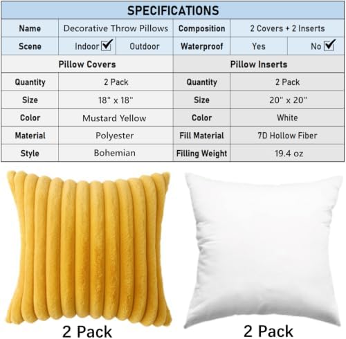 Decorative Throw Pillow with Inserts, Set of 2 Soft Faux Fur Throw Pillows, Square Boho Striped Pillow for Couch, Bed, Sofa Decor