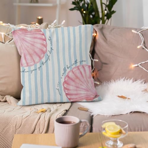 Christian Preppy Beach Seashell Throw Pillow Cover 18x18, Coastal Pink Seashell Bible Verse Decorative Pillow Covers for Home Bedroom Living Room, Religious Beach Accent Pillows Cover Pillowcases