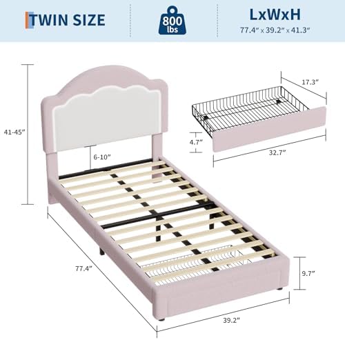 IDEALHOUSE Twin Bed Frame with LED Headboard and Under-Bed Drawer, Boucle Fabric Upholstered Platform Bed with LED Light for Kids, Girls, Wooden Slats Support, No Box Spring Needed, Pink