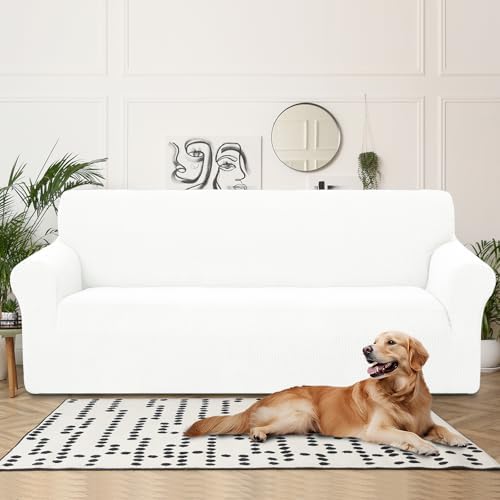 U-NICE HOME 4 Seater Stretch Couch Cover for 3 Cushion Sofa, Ivory White