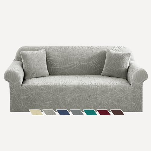 YEMYHOM Couch Cover Latest Jacquard Design High Stretch Sofa Covers for 3 Cushion Couch, Pet Dog Cat Proof Slipcover Non Slip Magic Elastic Furniture Protector (Large, Begonia Leaf Light Gray)