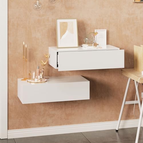 HedoAjim White Modern Floating Wall Mounted Nightstand with Drawer Storage Wood Bedside Table Small Wall Shelf for Bedroom Living Room