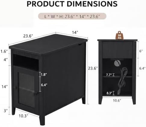 iPormis End Table with Charging, Narrow Side Table for Living Room, Black