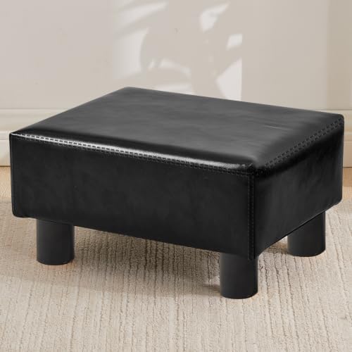 Small Foot Stool Ottoman, Faux Leather Footstool Ottoman Foot Rest for Couch, Rectangle Footstools and Ottomans Small for Living Room, Entryway and Bedroom (Black)