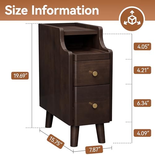 Narrow Nightstand with Drawers Set 2, Pre-Assembled Solid Wood Small Skinny Night Stand with Open Sliding Shelf Slim Bedside Table for Bedroom, Slim Side Table 2, Black Walnut, 8"