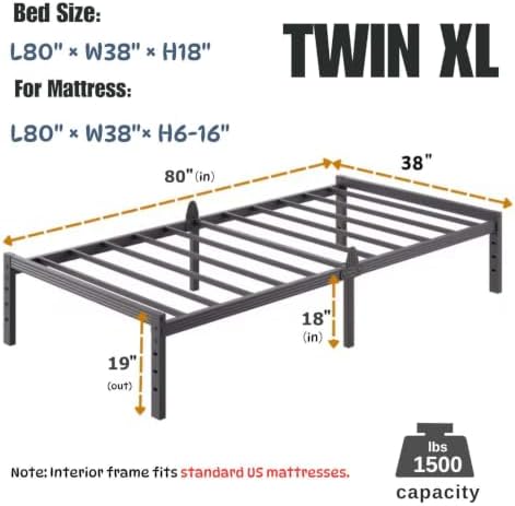 18 Inch Twin XL Size Metal Platform Bed Frame,Mattress Anti-Slip Design