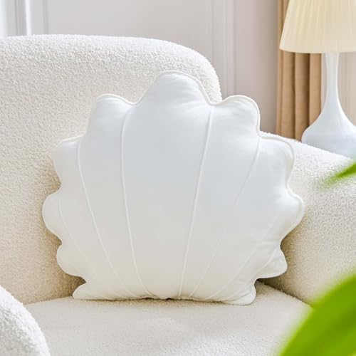 Uvvyui Shell Pillow Seashell Throw Pillow Shell Shaped Decorative Pillows Soft Velvet Sea Shells Pillow Aesthetic Home Decor Sea Ocean Beach Cushion Bed Pillow（White, 13x11 Inch）