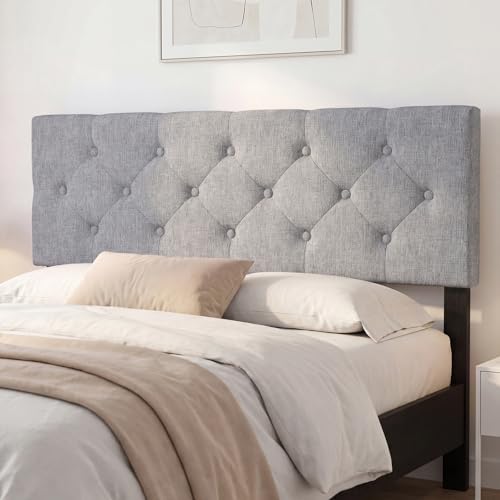 KOMFOTT Linen Upholstered Headboard for Full & Queen Size Bed Frame, Tufted Button Bed Headboard with Solid Rubber Wood Legs, Rectangular Headboard with Adjustable Width (Rhombic Button Tufted,Grey)