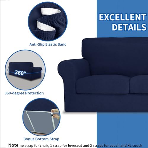 MAXIJIN 2 Piece Chair Covers Chair Slipcover with Arms, Sofa Chair Cover for Living Room Armchair Cover, Stretch Pet Dog Slip Cover for A Chair with 1 Cushion (31"-46", Navy Blue)
