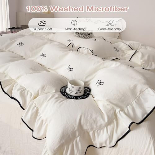 Bow Embroidery Twin Duvet Cover 3Pcs Vintage Ruffled Bedding, Zipper & Ties