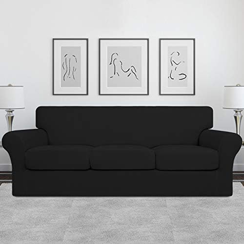 Easy-Going 4 Pieces Stretch Soft Couch Cover for Dogs - Washable Sofa Slipcover for 3 Separate Cushion Couch - Elastic Furniture Protector for Pets, Kids (Sofa, Black) Large